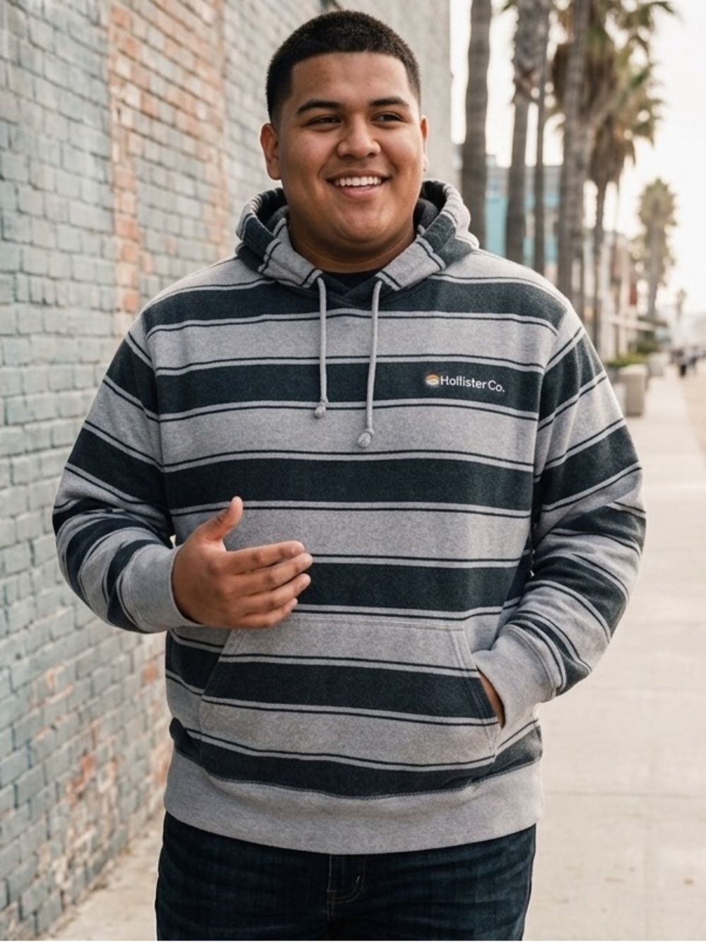 Hollister Co. Men's Striped Pullover Hoodie Gray Black XL Embroidered Logo